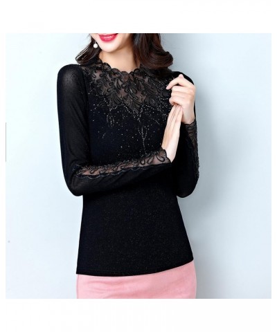 Women's Elegant Lace Embroidered Tops Long Sleeve Casual Mesh Rhinestone Blouses Work Shirts Black $23.77 Tops