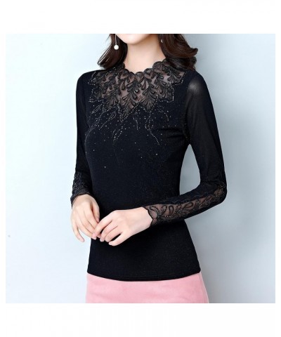 Women's Elegant Lace Embroidered Tops Long Sleeve Casual Mesh Rhinestone Blouses Work Shirts Black $23.77 Tops