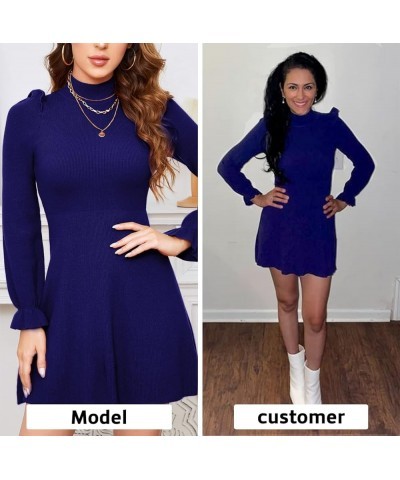 Women's 2023 Long Ruffle Sleeve Mock Neck Sweater Dress Fall Winter Cute Knit Sweater Dresses Navy Blue $20.29 Sweaters