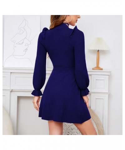 Women's 2023 Long Ruffle Sleeve Mock Neck Sweater Dress Fall Winter Cute Knit Sweater Dresses Navy Blue $20.29 Sweaters