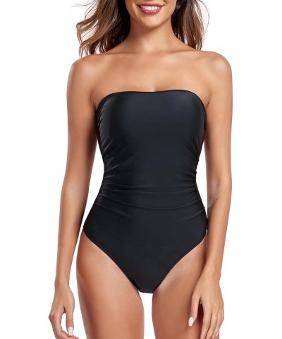 Women's Bandeau One Piece Swimsuit Ruched Bathing Suits Black $23.36 Swimsuits