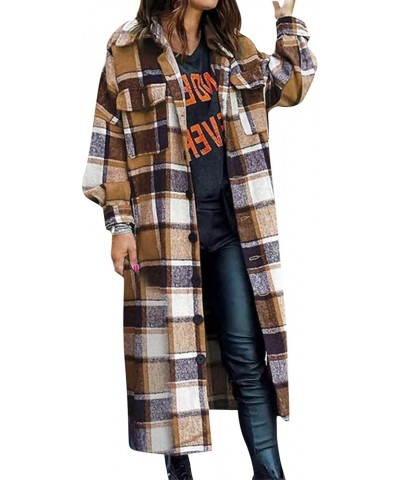 Womens Tops Women's Wool Blend Plaid Lapel Button Shirts Long Sleeve Shacket Jacket Winter Loose Oversize Coat W01khaki $11.4...