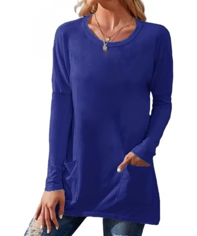 Casual Long Sleeve Crew Neck Shirts for Women Lightweight Solid Pullover Fall Soft Solid Blouses Tops with Pockets A-blue $5....