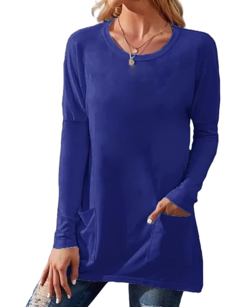 Casual Long Sleeve Crew Neck Shirts for Women Lightweight Solid Pullover Fall Soft Solid Blouses Tops with Pockets A-blue $5....