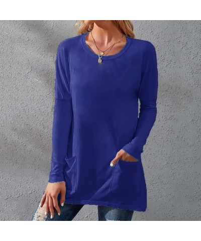 Casual Long Sleeve Crew Neck Shirts for Women Lightweight Solid Pullover Fall Soft Solid Blouses Tops with Pockets A-blue $5....