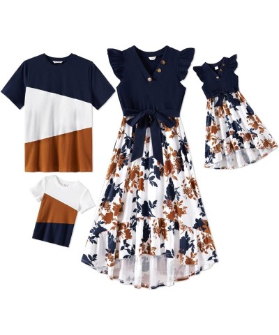 Matching Family Outfits Mother and Daughter Matching Floral Print Ruffle Cuffs Dresses and Short-Sleeve T-Shirts Set Men Roya...