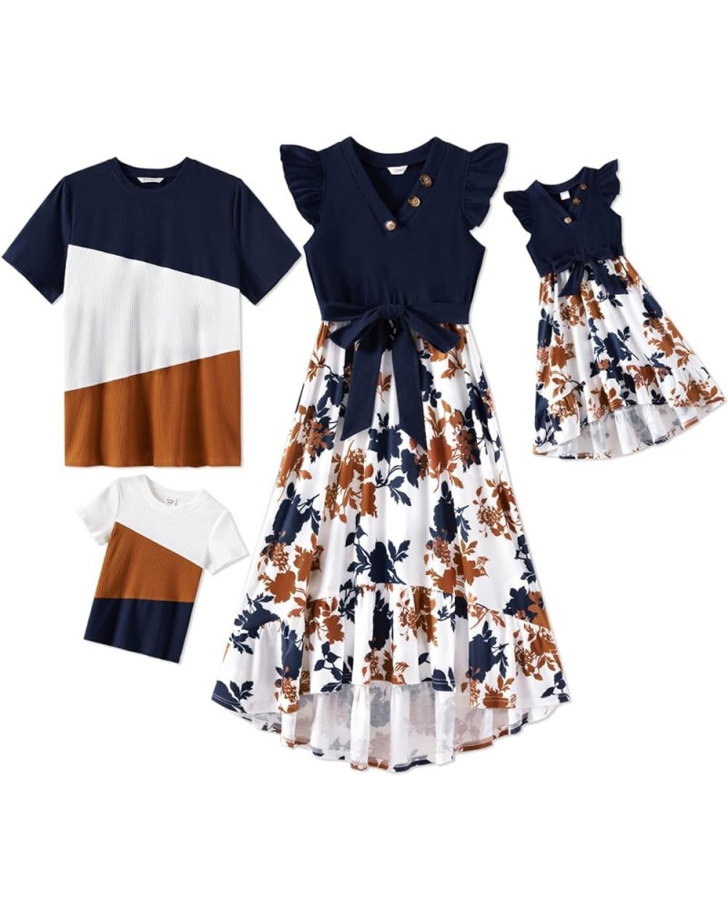 Matching Family Outfits Mother and Daughter Matching Floral Print Ruffle Cuffs Dresses and Short-Sleeve T-Shirts Set Men Roya...