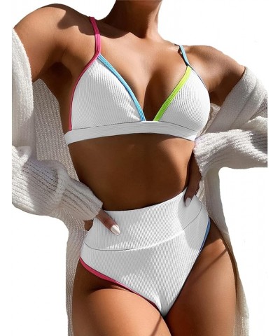 High Waisted Swimsuit Sports Ribbed Bikini Set Adjustable Shoulder Strap Two Piece Swimsuit Swimwear for Women White $15.38 S...