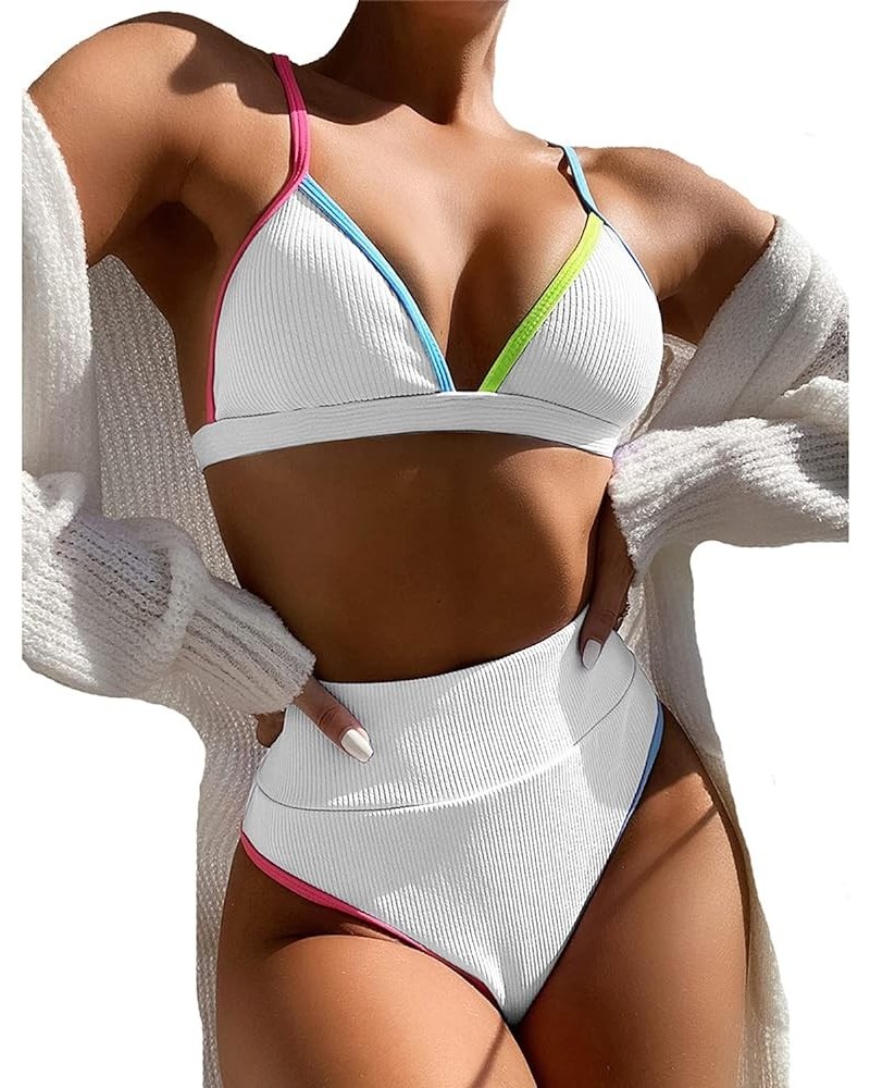 High Waisted Swimsuit Sports Ribbed Bikini Set Adjustable Shoulder Strap Two Piece Swimsuit Swimwear for Women White $15.38 S...