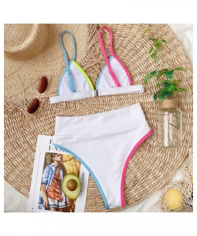 High Waisted Swimsuit Sports Ribbed Bikini Set Adjustable Shoulder Strap Two Piece Swimsuit Swimwear for Women White $15.38 S...