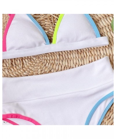 High Waisted Swimsuit Sports Ribbed Bikini Set Adjustable Shoulder Strap Two Piece Swimsuit Swimwear for Women White $15.38 S...