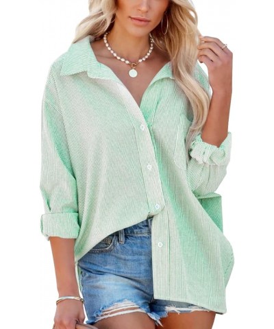 Women's Oversized Button Down Shirts Business Casual Long Sleeve Blouse Work Striped Tops Green $16.31 Blouses