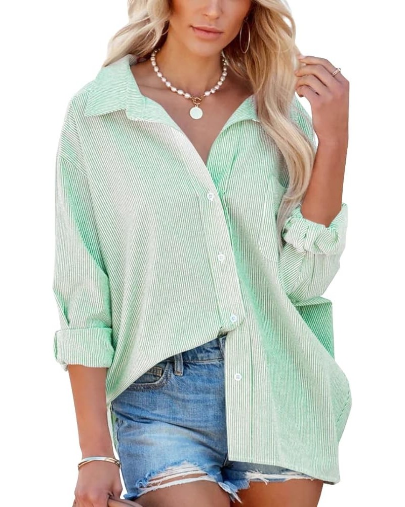 Women's Oversized Button Down Shirts Business Casual Long Sleeve Blouse Work Striped Tops Green $16.31 Blouses