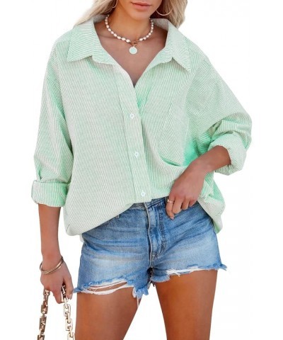 Women's Oversized Button Down Shirts Business Casual Long Sleeve Blouse Work Striped Tops Green $16.31 Blouses