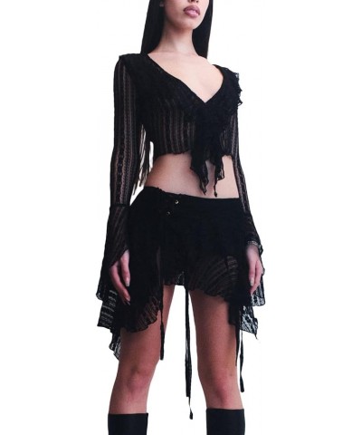 Women's Y2K Two Piece Lace Mini Skirt Set Sexy Sheer Mesh Tube Top Skirt Suit Bodycon Outfits Matching Set Crop Black $12.00 ...