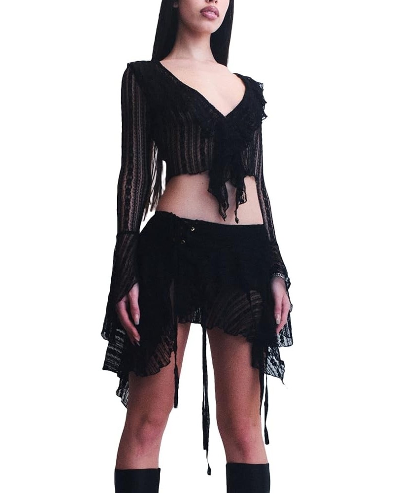 Women's Y2K Two Piece Lace Mini Skirt Set Sexy Sheer Mesh Tube Top Skirt Suit Bodycon Outfits Matching Set Crop Black $12.00 ...