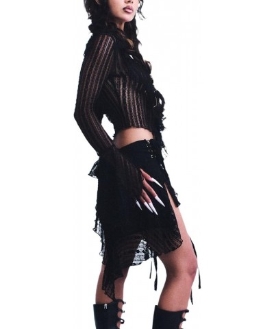 Women's Y2K Two Piece Lace Mini Skirt Set Sexy Sheer Mesh Tube Top Skirt Suit Bodycon Outfits Matching Set Crop Black $12.00 ...