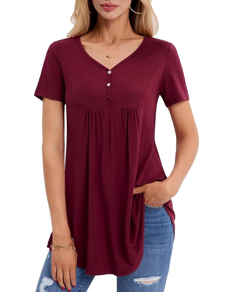 Womens Tops Hide Belly Tunic 2023 Summer Short Sleeve Top Casual Dressy Blouses for Leggings Flowy Henley Tshirt Wine $10.50 ...