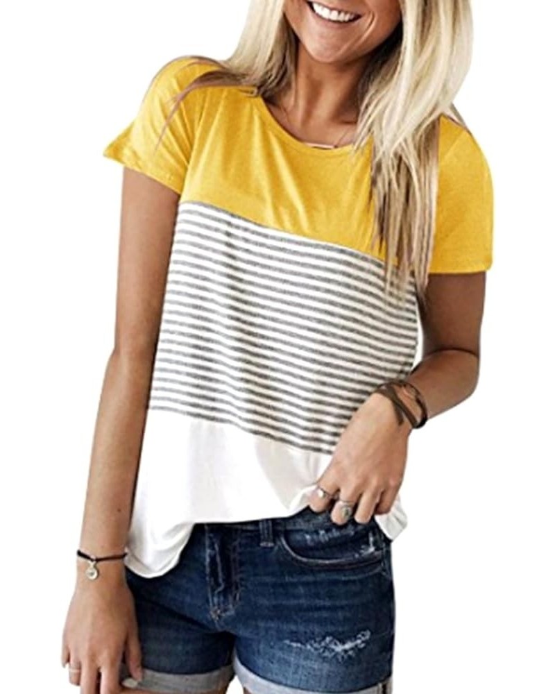 Women's Summer Short Sleeve Striped Blouse Junior Casual Tunic Tops T-Shirt Yellow $9.24 Blouses