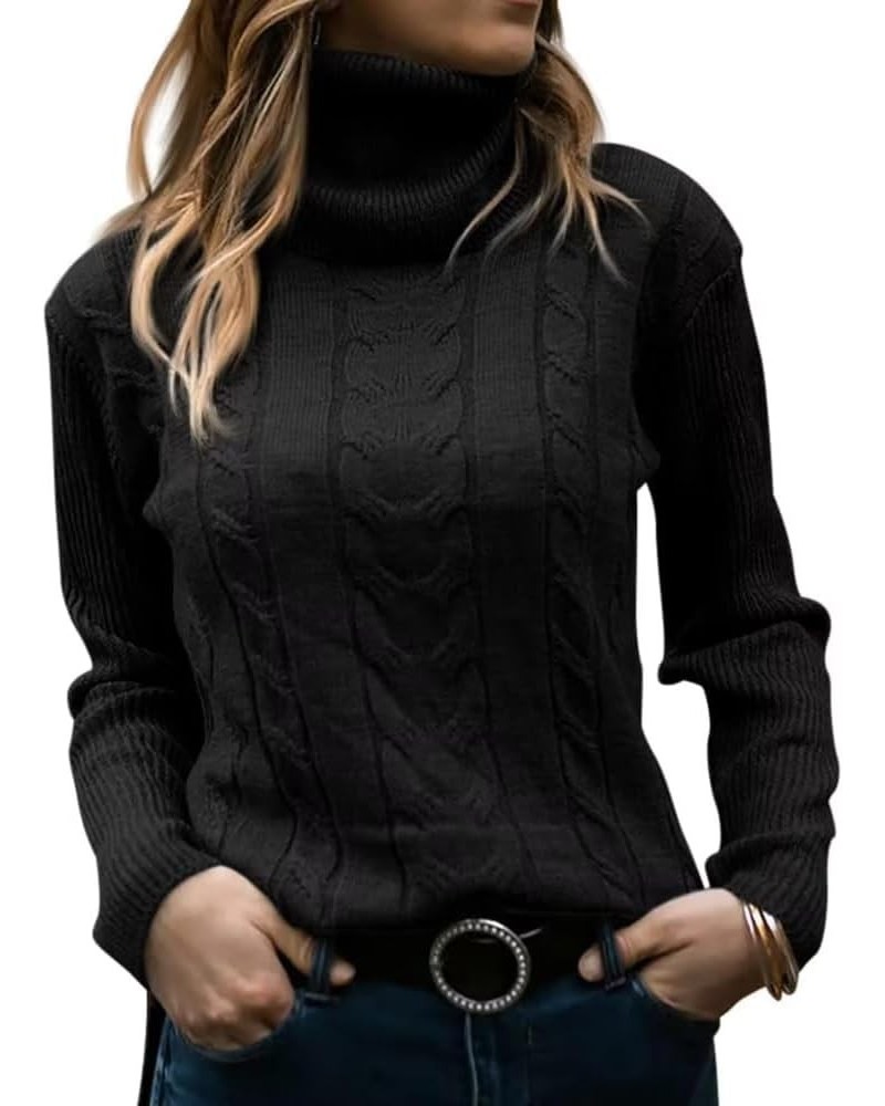 2024 Womens' Turtleneck Long Sleeve Cable Knit Sweaters Black $21.07 Sweaters