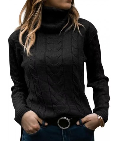 2024 Womens' Turtleneck Long Sleeve Cable Knit Sweaters Black $21.07 Sweaters