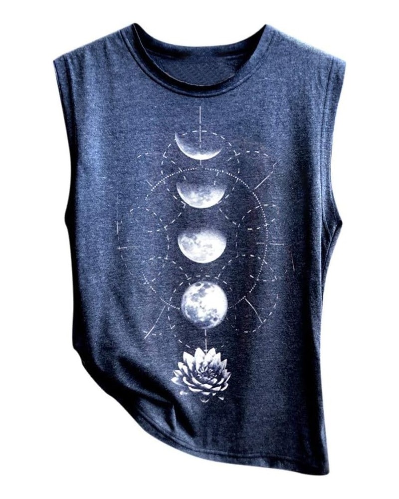 Women's Moon Phases Tank Tops GXLONG Black Lotus Flower Printed Sleeveless T-Shirts Casual Loose Fit Blouse Basic Tops Navy $...