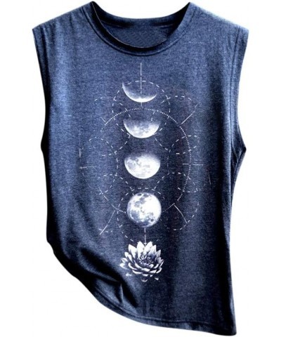 Women's Moon Phases Tank Tops GXLONG Black Lotus Flower Printed Sleeveless T-Shirts Casual Loose Fit Blouse Basic Tops Navy $...