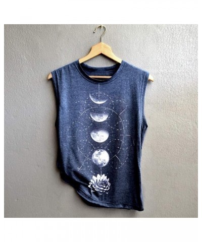 Women's Moon Phases Tank Tops GXLONG Black Lotus Flower Printed Sleeveless T-Shirts Casual Loose Fit Blouse Basic Tops Navy $...