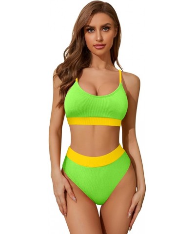 Ribbed Tummy Control 2 Piece Swimsuit High Waisted Bikini Set Cheeky Color Block Neon Green and Yellow $15.36 Swimsuits