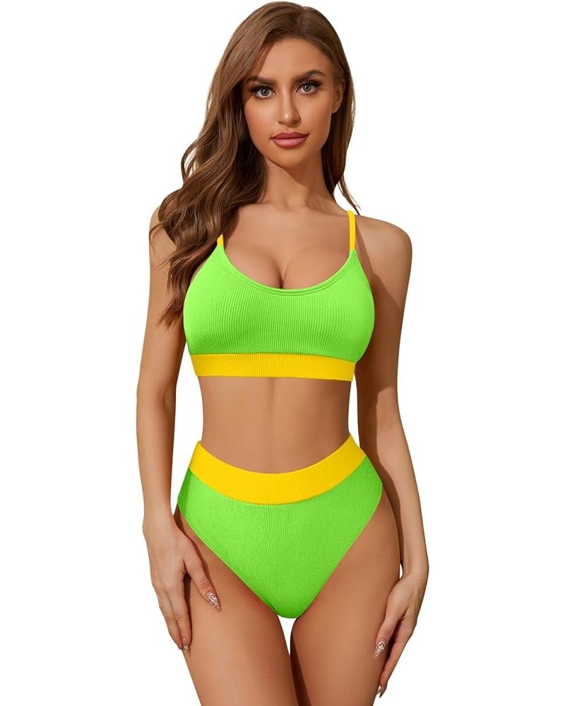 Ribbed Tummy Control 2 Piece Swimsuit High Waisted Bikini Set Cheeky Color Block Neon Green and Yellow $15.36 Swimsuits