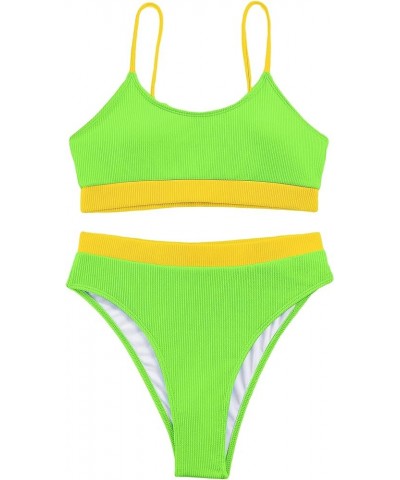 Ribbed Tummy Control 2 Piece Swimsuit High Waisted Bikini Set Cheeky Color Block Neon Green and Yellow $15.36 Swimsuits