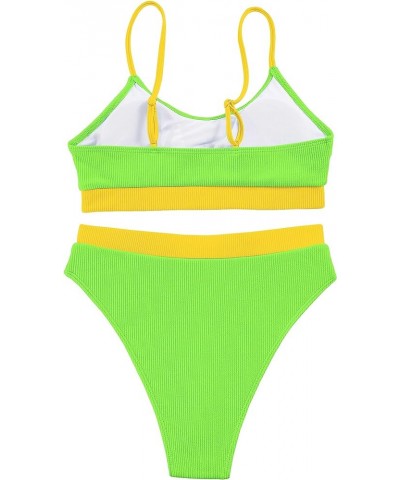 Ribbed Tummy Control 2 Piece Swimsuit High Waisted Bikini Set Cheeky Color Block Neon Green and Yellow $15.36 Swimsuits