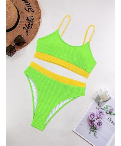 Ribbed Tummy Control 2 Piece Swimsuit High Waisted Bikini Set Cheeky Color Block Neon Green and Yellow $15.36 Swimsuits