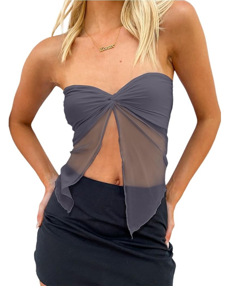 Women's Sheer Mesh Twist Split Front Asymmetrical Tube Top Strapless Bandeau Crop Top Backless Shirt Grey $10.50 T-Shirts