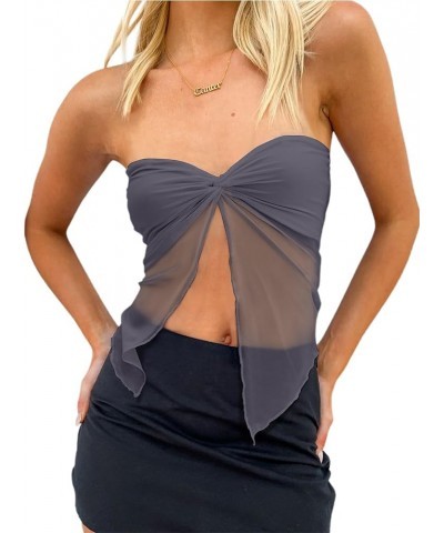 Women's Sheer Mesh Twist Split Front Asymmetrical Tube Top Strapless Bandeau Crop Top Backless Shirt Grey $10.50 T-Shirts