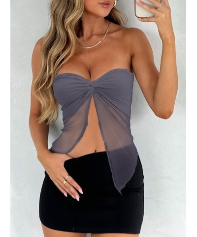 Women's Sheer Mesh Twist Split Front Asymmetrical Tube Top Strapless Bandeau Crop Top Backless Shirt Grey $10.50 T-Shirts