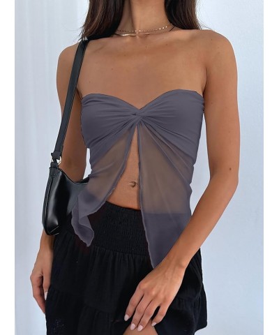 Women's Sheer Mesh Twist Split Front Asymmetrical Tube Top Strapless Bandeau Crop Top Backless Shirt Grey $10.50 T-Shirts