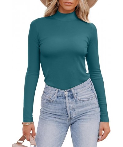 Women's Mock Neck Tops Long Sleeve Shirts Ribbed Knit Slim Fitted Casual Pullovers Tee Basic Tops Long Sleeve Lake Blue $11.2...