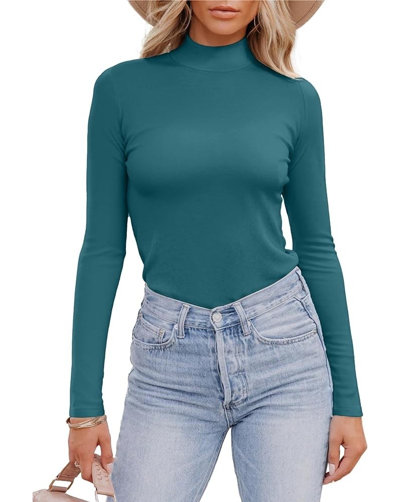 Women's Mock Neck Tops Long Sleeve Shirts Ribbed Knit Slim Fitted Casual Pullovers Tee Basic Tops Long Sleeve Lake Blue $11.2...