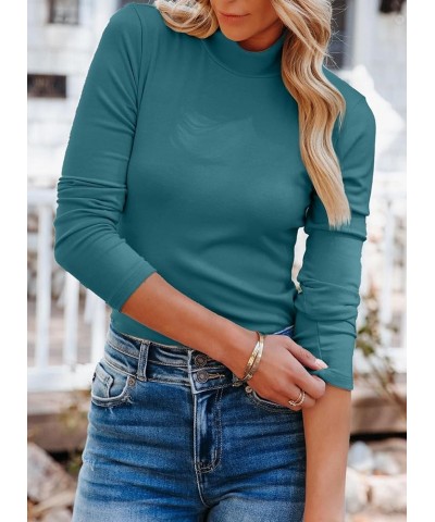 Women's Mock Neck Tops Long Sleeve Shirts Ribbed Knit Slim Fitted Casual Pullovers Tee Basic Tops Long Sleeve Lake Blue $11.2...