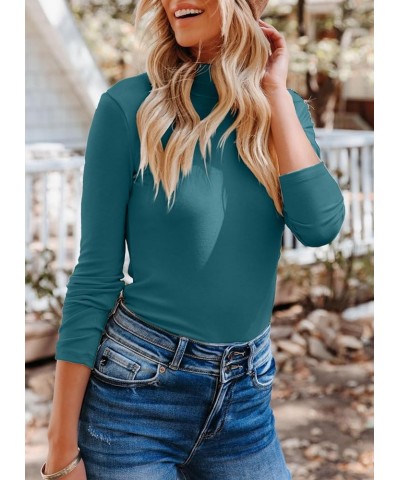 Women's Mock Neck Tops Long Sleeve Shirts Ribbed Knit Slim Fitted Casual Pullovers Tee Basic Tops Long Sleeve Lake Blue $11.2...