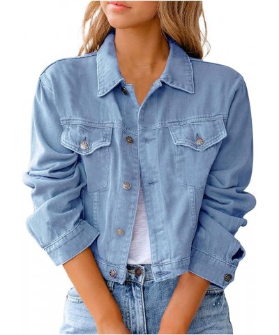 Jean Jacket for Women Ripped Puff Sleeve Frayed Slim Denim Crop Top Cropped Jean Jacket E Light Blue $18.49 Jackets