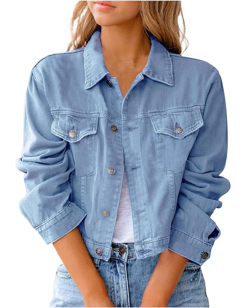 Jean Jacket for Women Ripped Puff Sleeve Frayed Slim Denim Crop Top Cropped Jean Jacket E Light Blue $18.49 Jackets