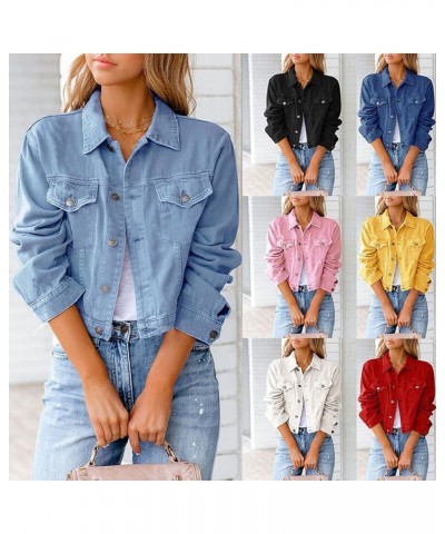 Jean Jacket for Women Ripped Puff Sleeve Frayed Slim Denim Crop Top Cropped Jean Jacket E Light Blue $18.49 Jackets