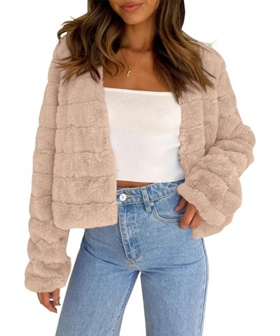 Womens Cropped Faux Fur Jackets Long Sleeve Open Front Fluffy Short Coats Khaki $27.02 Coats