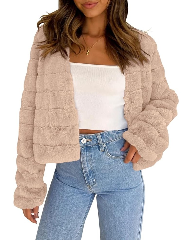 Womens Cropped Faux Fur Jackets Long Sleeve Open Front Fluffy Short Coats Khaki $27.02 Coats