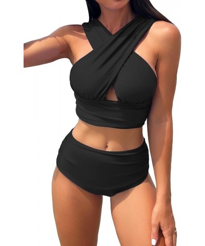 Women's 2 Piece Bathing Suits Criss Cross Ruched High Waisted Bikini Swimsuit Black $15.36 Swimsuits