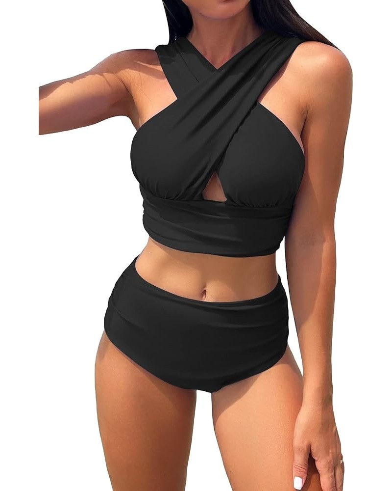 Women's 2 Piece Bathing Suits Criss Cross Ruched High Waisted Bikini Swimsuit Black $15.36 Swimsuits