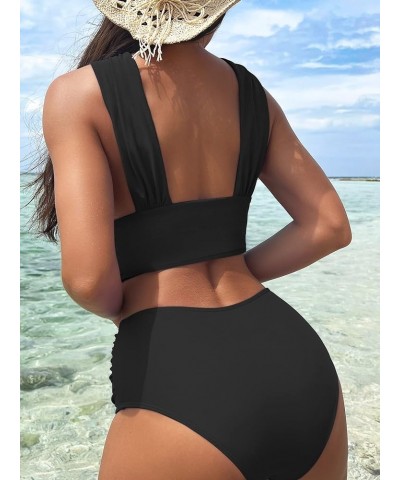 Women's 2 Piece Bathing Suits Criss Cross Ruched High Waisted Bikini Swimsuit Black $15.36 Swimsuits