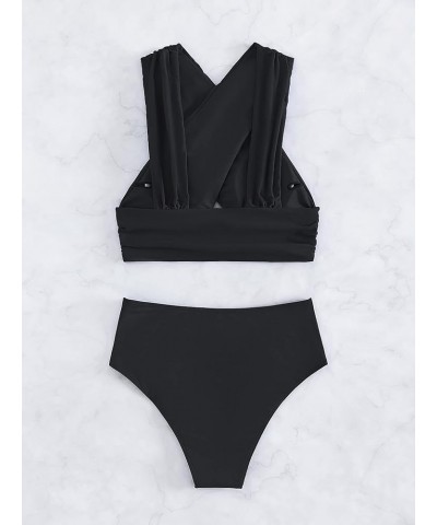 Women's 2 Piece Bathing Suits Criss Cross Ruched High Waisted Bikini Swimsuit Black $15.36 Swimsuits